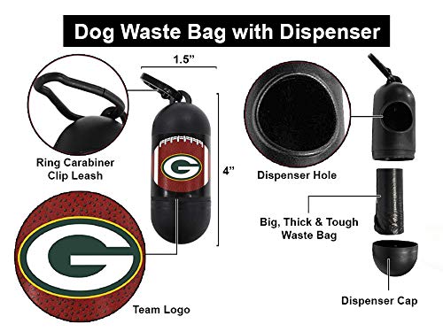 Pets First NFL GREEN BAY PACKERS PET LICENSED Poop Waste Bag Dispenser and D Ring for Leash with 1200 Premium Garbage Bags - color: Green Bay Packers, size: 80 Rolls = 1200 Bags - Best Value!