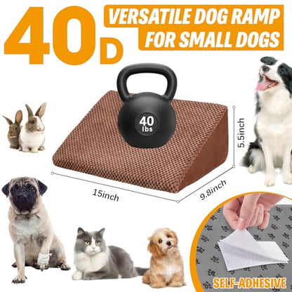 40D Dog Ramp for Stairs for Small & Senior Dogs and Cats – Non-Slip Stair Ramp for Dogs with Gentle Slope, Pet Ramp with Washable Cover & Self-Sticky Pads for Safe Climbing Easy Install(Brown, 3 Pack)