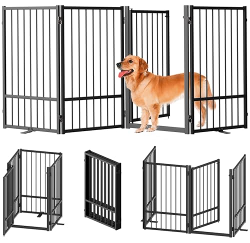 SNUOWU Full Metal Freestanding Dog Gate with Door, 32''Height Foldable Pet Dog Fence for Indoor & Outdoor, 4 Panels Extra Wide Free Standing TallDog Gates for Doorways,House,Stairs,Porch,Deck,Yard - color: Black, size: 【4 Panels】80"W*32H"