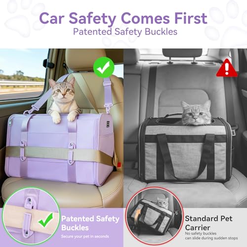 PETSFIT Soft-Sided Cat Carrier with Patented Safety Buckles, Lockable Zippers & Safety Tether,Escape-Resistant Travel Pet Carrier for Car Rides & Vet Visits, Airline Approved Under-Seat, Up to 12 lbs - color: Purple, size: 18.0"L x 11.0"W x 11.0"H