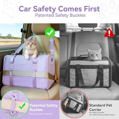 PETSFIT Soft-Sided Cat Carrier with Patented Safety Buckles, Lockable Zippers & Safety Tether,Escape-Resistant Travel Pet Carrier for Car Rides & Vet Visits, Airline Approved Under-Seat, Up to 12 lbs - color: Purple, size: 18.0"L x 11.0"W x 11.0"H