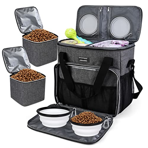 BAGLHER Dog Travel Bag, Pet Travel Bag (ALL Pet Travel Supplies), With 2 Pet Food Containers and 2 Collapsible Silicone Bowls; Essential Kits for Pet Travel Grey - color: Grey, size: Medium