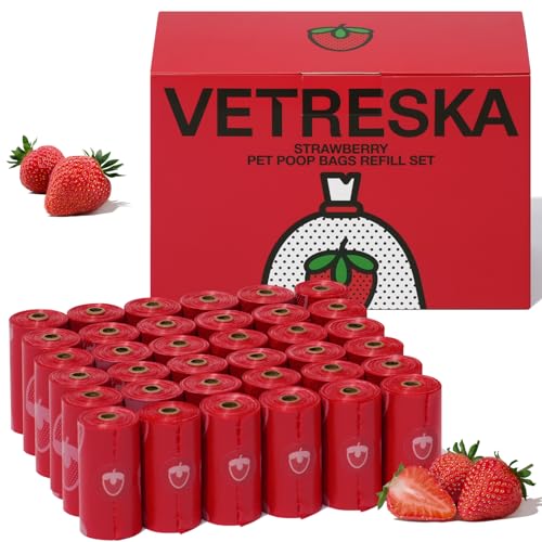 VETRESKA Strawberry Scented Dog Poop Bags, Leak Proof, Extra Thick and Large Pet Waste Bags for Dogs Walking and Cat Litter, 36 Refill Rolls, 540 Bags, Red - size: 1 Count (Pack of 540), style: Strawberry