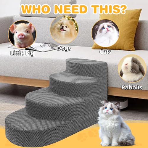 Dog Stairs 4 Steps Foam Pet Ramp for Small Dogs Cats, Grey | Non-slip foam stairs with washable cover, ideal for beds & sofas. Sturdy, safe & easy to clean. - color: Gray-4-Step