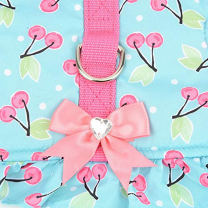 Zunea No Pull Small Dog Girl Harness Dress Escape Proof Cat Kitten Vest Harness Leash Set Step-in Soft Cotton Padded Cherry Printed Jacket Chihuahua Puppy Clothes with Bow for Walking Blue XS - color: blue cherry, size: XS (Chest:12.2-13.7", Neck:8.2-9.4"