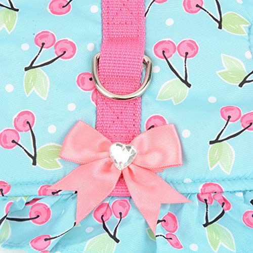 Zunea No Pull Small Dog Girl Harness Dress Escape Proof Cat Kitten Vest Harness Leash Set Step-in Soft Cotton Padded Cherry Printed Jacket Chihuahua Puppy Clothes with Bow for Walking Blue M - color: blue cherry, size: M (Chest:16.9-17.7", Neck:10.6-11.4"