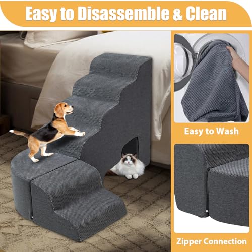 Dog Stairs for High Beds up to 30-36inch, A.FATI 6 Tiers Dog Steps Pet Stairs Adjust to Left Side of Bed, Non-Slip Pet Ramp for Small Dogs/Old Pets - color: Dark Grey L-shape 30" H