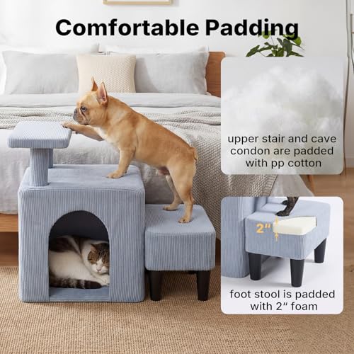 Veehoo 3 in 1 Dog Cat Stairs for Bed Couch, Small Steps Non Slip for Older Dogs Cats to Get on Bed Portable with Cave Condo and Cushioned Foot Stool, Pet Steps Cat Ramps Indoor for Senior Cats Dogs