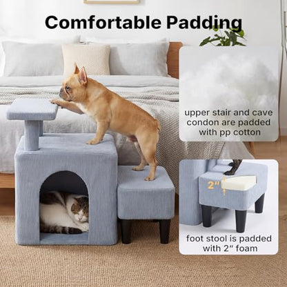 Veehoo 3 in 1 Dog Cat Stairs for Bed Couch, Small Steps Non Slip for Older Dogs Cats to Get on Bed Portable with Cave Condo and Cushioned Foot Stool, Pet Steps Cat Ramps Indoor for Senior Cats Dogs