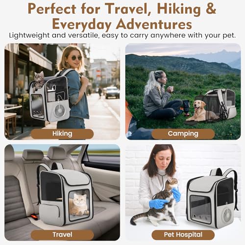 Cat Backpack Carrier with Cooling Fan & Heating Pad, Expandable & Breathable Pet Backpack for Cats & Small Dogs, Travel Carrier for Hiking, Vet Visits, Grey