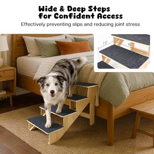 4-Step Dog Stairs for Large Dogs, Solid Wooden Dog Steps for Beds/Couch with Carpet, 24 Inches Anti-Slip Pet Stairs for High Beds, Ramp for Older/Senior Dogs, Pet Bed Stairs to Get on Bed/Sofa - size: 4-Step