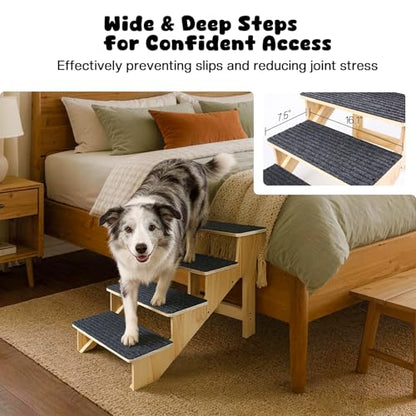 4-Step Dog Stairs for Large Dogs, Solid Wooden Dog Steps for Beds/Couch with Carpet, 24 Inches Anti-Slip Pet Stairs for High Beds, Ramp for Older/Senior Dogs, Pet Bed Stairs to Get on Bed/Sofa - size: 4-Step