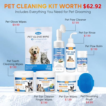 Pjordo Dog Wipes Cleaning Deodorizing, Grooming Wipes & Paw Cleaner, Pet Cleaning Kit for Teeth, Ears, Eyes, Paw, Body, Ear Rinse, Essential Dog Supplies Set