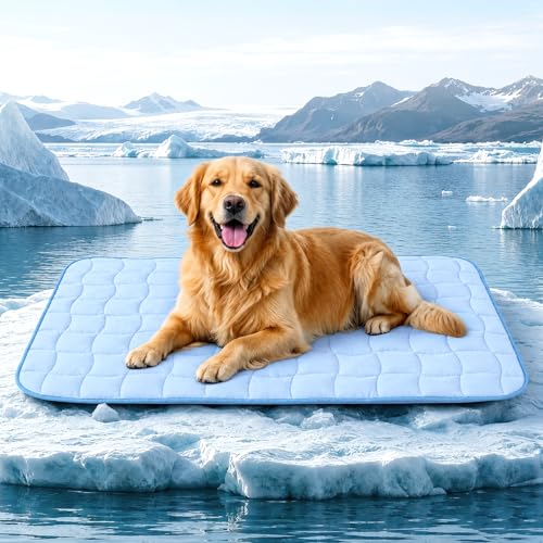 JOLLYVOGUE Cooling Mat for Dogs, 44" x 32" - X-Large Dog Cooling Pad, Wavy Quilted Kennels Bed with Non-Slip Base, Machine Washable Indoor Outdoor Summer Sleeping Dog Mat, Blue - size: X-Large: 44"x32"