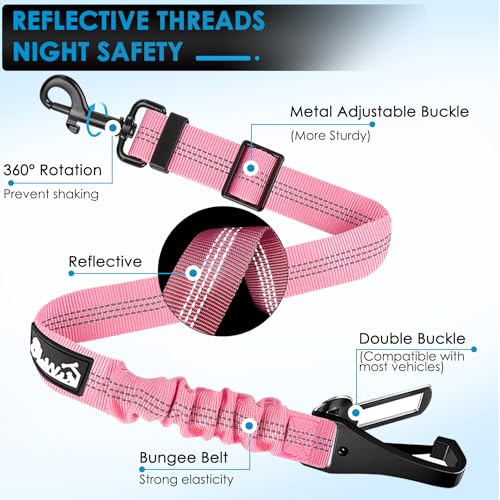 Lukovee Dog Seatbelt Leash for Cars, 2 Pack Pet Safety Seat Belt with Adjustable Buckle & Reflective Bungee, Connect Dog Harness in Vehicle Dogs Restraint Travel Daily Use (Pink) - color: A-Pink