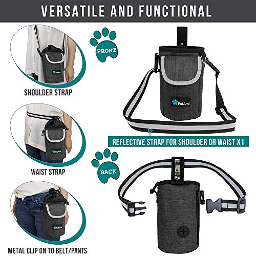 PetAmi Dog Treat Pouch, Large 3-Cup Dog Training Treat Bag with Poop Bag Dispenser, Hands-Free Waist Belt & Crossbody Strap, Reflective with Multiple Pockets & Belt Clip (Charcoal Gray) - color: Charcoal
