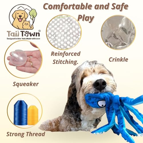 Octopus Dog Toy, No Stuffing Plush Squeaky Crinkle Toy to Keep Dogs Busy, Interactive Chew Toy for Puppies Small Medium Large Dogs, Blue, Tail Town - color: Blue