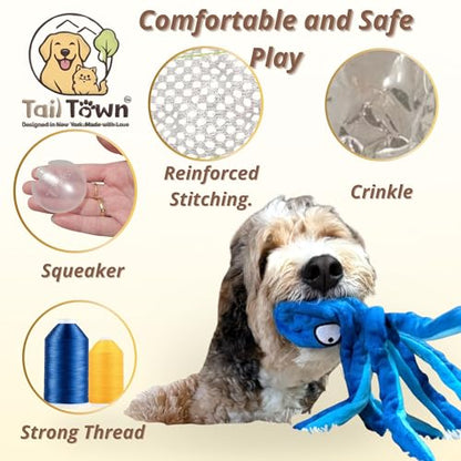 Octopus Dog Toy, No Stuffing Plush Squeaky Crinkle Toy to Keep Dogs Busy, Interactive Chew Toy for Puppies Small Medium Large Dogs, Blue, Tail Town - color: Blue