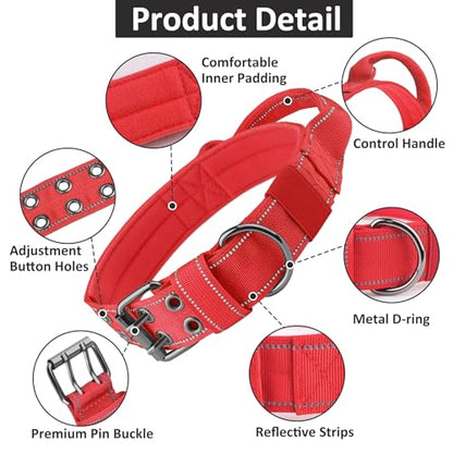 Tactical Dog Collar with Control Handle, Military Adjustable Pet Collar Reflective Heavy Metal Buckle Dog Collar, Soft Nylon Training Collar for Medium Large Dogs (Red, X-Large) - color: Red, size: X-Large