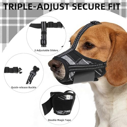 PUPTECK Dog Muzzle, Soft Adjustable Loop Reflective Pets Muzzle Prevent Biting Barking Chewing, Breathable Muzzle with Air Mesh Dog Mouth Guard Drinkable for Large Medium Small Sized D, Black Plaid, S - color: Black, size: S (Snout Cir: 4.7"-5.9")