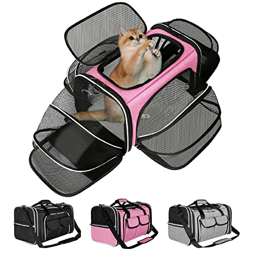 Estarer Soft Sided Pet Carrier Airline Approved, 4 Sides Expandable Collapsible Cat Carrier with Pockets & Removable Fleece Pad, Travel Carrier Bag for Cat Dog & Small Animals (Pink) - color: Pink