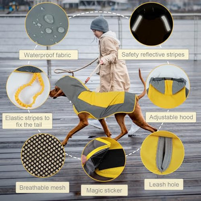 IECOii Large Dog Raincoat Waterproof,Hooded Rain Jacket Keep Dog Dry in Wet Weather,Reflective Rain Poncho Clothes with Convenient Leash Hole/Adjustable Magic Sticker/Easy On and Off/,Yellow,Large - color: Yellow, size: Large