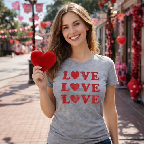 Womens Valentines Shirts Cute Heart T Shirts Funny Valentines Day Tees for Ladies - color: Light Heather Grey - Love 3x, size: Small