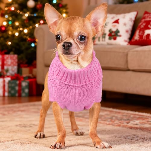 Dog Sweaters for Small Dogs Warm Dog Clothes Winter Chihuahua Clothes Girl Boy Puppy Sweater Cable Knitted Doggy Coat Soft Mini Dachshund Sweater with Turtleneck Pullover Design(Pink, X-Large) - color: PINK, size: X-Large