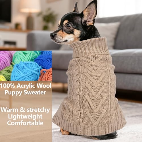 Dog Sweaters for Small Dogs Fall Winter Puppy Sweater Warm Dog Clothes Girl boy Solid Knit Chihuahua Sweater Sleeveless Doggy Coat Turtleneck Pullover Doggie Cat Outfit(Khaki, X-Small) - color: Khaki, size: X-Small