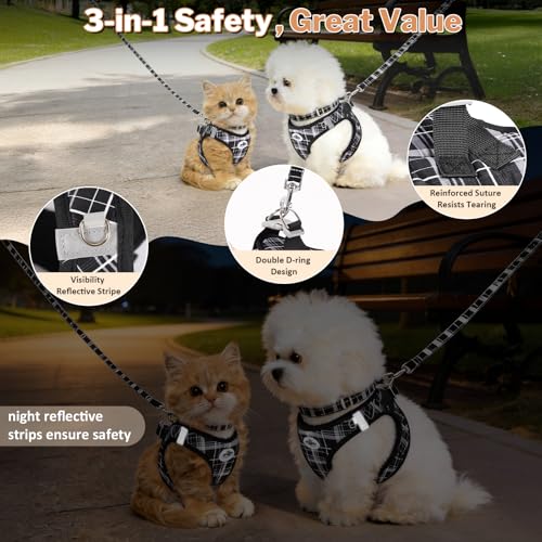 Gyuzh Cat Harness and Leash Set for Puppies - 3 Piece Step in No Pull Vest & Collar, Extra Small Kitten Harness, Breathable Reflective Plaid, Padded Leash (Black, S) - color: Black, size: S