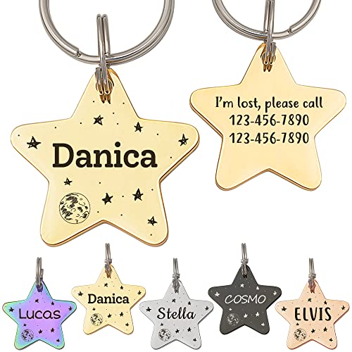 Anavia Starry Sky Theme Pet ID Tags in Half Moon & Star Shape, Personalized Dog Name Tag Cat Tag, Glossy Stainless Steel Gold Plated Black Rainbow Dog Collar Tag (Medium, Star Shape, Gold) - color: Gold, size: Medium, style: Star Shape