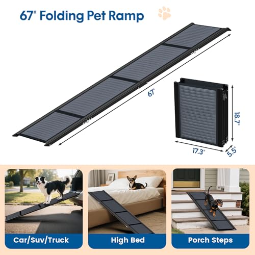 HBTower 67" Long & 17.3" Wide Folding Dog Ramp for Car, SUV & Truck – Portable Pet Ramp with Non-Slip Surface, Extra Wide Steps for Large Dogs Up to 250LBS - size: 67" L x 17.3" W