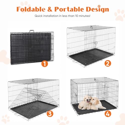 Sweetcrispy Large Dog Crate, 37 Inch Double Door Folding Metal Wire Dog Cage with Plastic Leak-Proof Pan Tray, Pet Kennel for Indoor, Outdoor, Travel