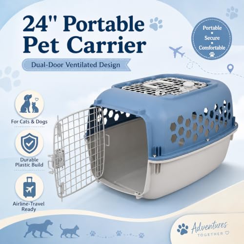 Portable Double Door Plastic Pet Carrier for Dogs & Cats - 24" Durable Ventilated Kennel with Top Loading, Airline Approved, Foldable Design for Travel & Vet Visits