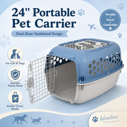 Portable Double Door Plastic Pet Carrier for Dogs & Cats - 24" Durable Ventilated Kennel with Top Loading, Airline Approved, Foldable Design for Travel & Vet Visits