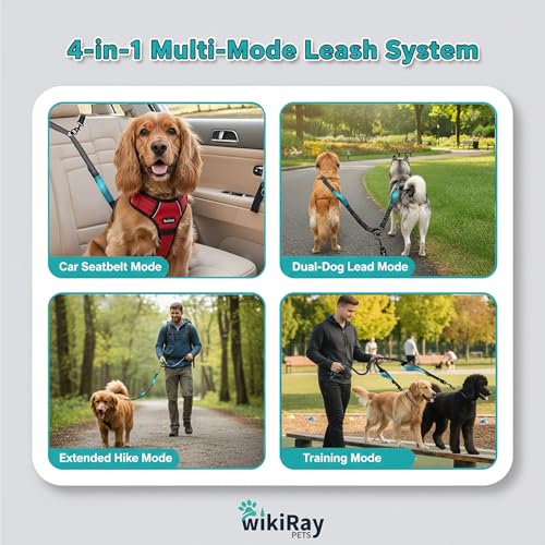 wikiRay Double Dog Leash Coupler for Walking 2 Dogs – No Tangle Dual Dog Splitter with Shock-Absorbing Bungee, Padded Traffic Handles & Reflective Stitching (Grey) - color: Grey