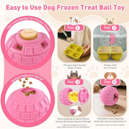 Interactive Dog Frozen Treat Toys, Dog Puzzle Enrichment Ball to Keep Them Busy, Slow Food Training, Durable Rubber Chew Dispensing Toy, Freezable Fillable Ball, for Small Medium Large Dogs (Pink) - color: Pink