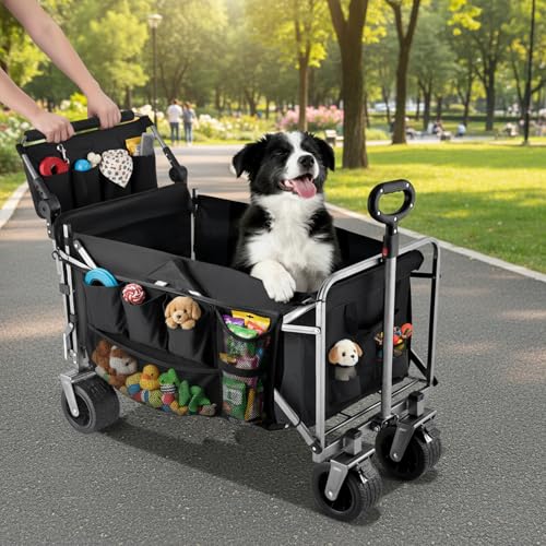 Dog Wagon for Large Dogs Up to 400 lbs, Foldable Dog Stroller for Medium to Large Dogs with Tailgate, Pet Carts with Wheels for Walking, Beach, Garden, Camping, Sport, Black L