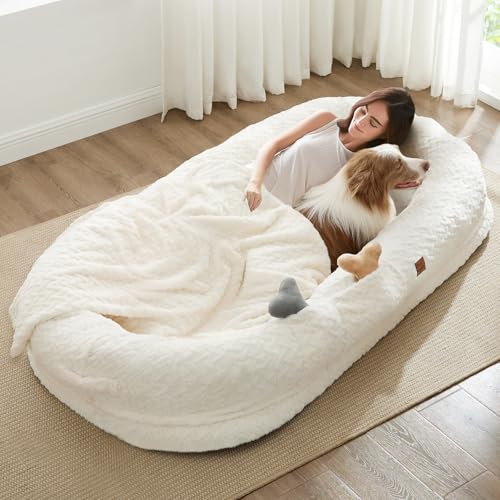 ChiXnuggle Orthopedic Human Dog Bed,with Faux Fur Washable Cover,Blanket | white,72*40*10,giant dog bed for adult or extra large dogs,egg crate foam,non-slip bottom - color: White, size: Human Dog Bed (72x40x10)