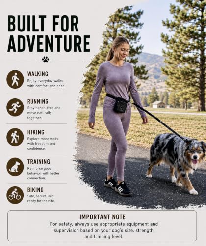 Premium Hands-Free Dog Leash with Pouch, Removable Bungee for Dog Walking, Running & Hiking, Adjustable Waist, Dual Use as Standard Lead, Shock Absorbing for Large & Medium Dogs, Black