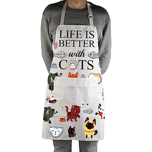 MBMSO Cat Apron With Pockets Cat Cooking Apron Funny Cat Kitchen Apron Life is Better With Cats Lover Gifts for Cat Mom gift