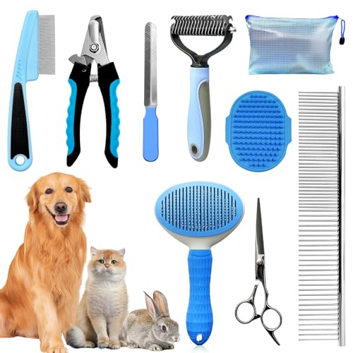 Dog Brush & Grooming Kit – 9-Piece Pet Brush & Deshedding Set for Shedding, Bathing, Trimming & Nail Care | Grooming Tools for Dogs & Cats, Includes Comb, Nail Clipper, Scissors, Slicker Brush (Blue) - color: Blue, size: 9 PACK