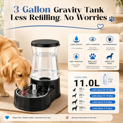 Automatic Dog Water Dispenser 3 Gallon/11L Gravity Stainless Steel Water Waterer Feeder, BPA-Free Large Capacity Water Feeding Bowls for Medium & Large-Sized Dogs,Cats - size: 3 Gallon Water