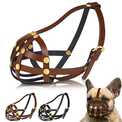 OOPSDOGGY French Bulldog Dog Muzzle for Short Snout Dog - Leather Breathable Secure Basket Muzzle for Frenchie Prevents Biting No Chewing Adjustable (Brown) - color: Brown