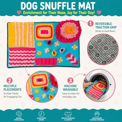 Pet Life ® 'Sniffer Snack' Multiple Treat Hiding and Engaging Pet Snuffle Mat Interactive Slow Feeding Dog Mat - color: Blue Pink and Orange