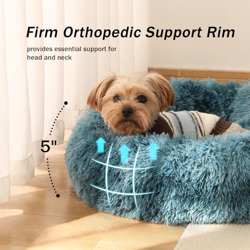 NOYAL Calming Donut Dog Bed for Small to Medium Dogs & Cats - Plush Faux Fur Anti-Anxiety Pet Bed with Machine Washable Cover & Non-Slip Base - color: Gradient Blue, size: Small 19.6''