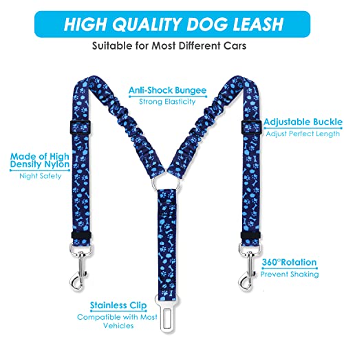 SlowTon Dog Seat Belt, Double Dog Seatbelt Adjustable Vehicle Safety Leash with Elastic Bungee Buffer, Reflective No Tangle Y Shape Two Dog Harness Seat Belt Splitter for Pets Car Trip (Blue Paws, M) - color: I.Blue Paws, size: 2 Medium in 1