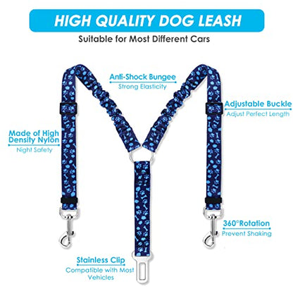 SlowTon Dog Seat Belt, Double Dog Seatbelt Adjustable Vehicle Safety Leash with Elastic Bungee Buffer, Reflective No Tangle Y Shape Two Dog Harness Seat Belt Splitter for Pets Car Trip (Blue Paws, M) - color: I.Blue Paws, size: 2 Medium in 1