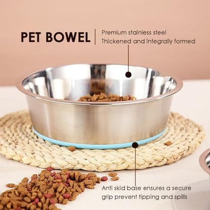 Deep Stainless Steel Non-Skid Dog and Food Bowls, Each Holds Up to 8 Cups - color: Blue&Roes Red, size: 8 Cup for Medium Pet