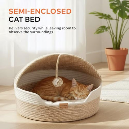 CHEERPALS Cat Basket Bed with Washable Cushion and Ball Rope Cotton, Covered Pet Bed for Indoor Cats Cave Bed Hooded, Stimulicat Cat Bed Handwoven Breathable, All Season Universal(White) - color: White